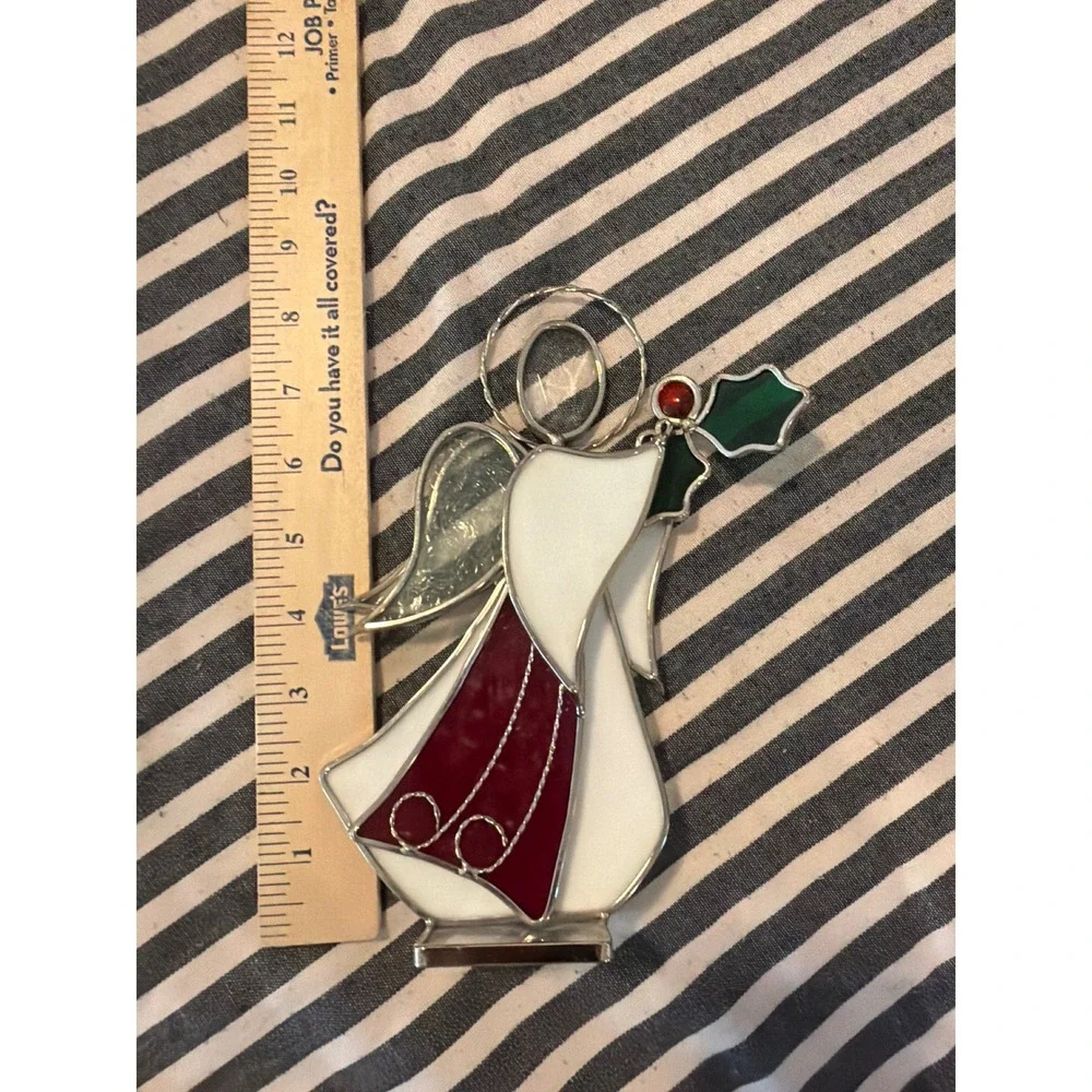 Vintage Stained Glass Angel Suncatcher Christmas Ornament Holly Berry 8.5 Inch